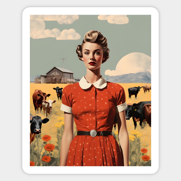 Vintage Farm Girl Pin Up Collage - Retro Chic Art Print Sticker by The Whimsical Homestead